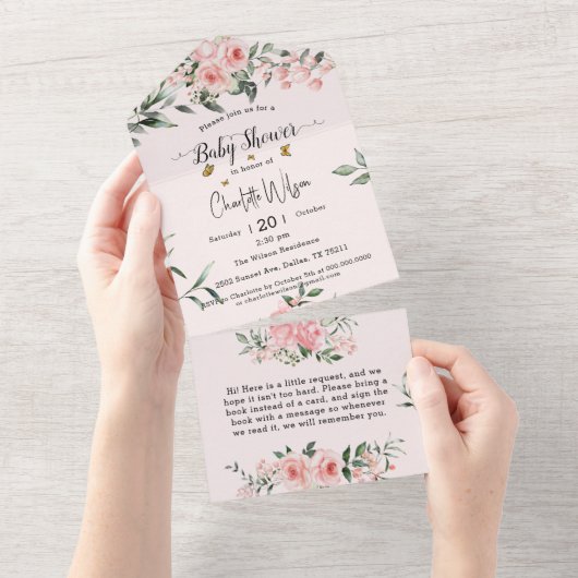 Elegante roze rozen met vlinders Baby shower All In One Uitnodiging (Afscheurbaar)