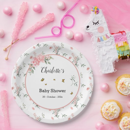 Elegante roze rozen met vlinders Baby shower Papieren Bordje (Feest)