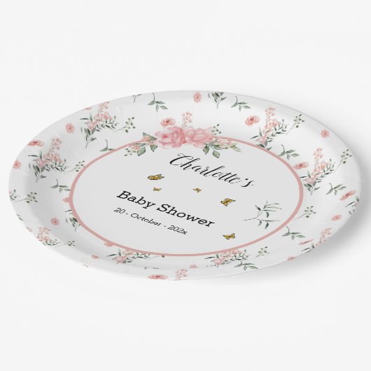 Elegante roze rozen met vlinders Baby shower Papieren Bordje (Gekanteld)