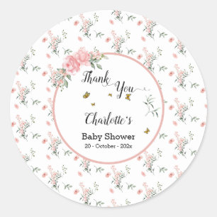 Elegante Roze Rozen met Vlinders Baby Shower Ronde Sticker