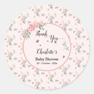 Elegante Roze Rozen met Vlinders Baby Shower Ronde Sticker