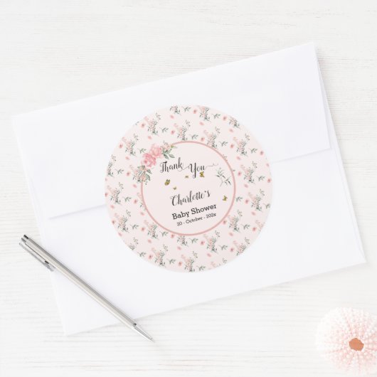 Elegante roze rozen met vlinders Baby shower Ronde Sticker (Envelop)