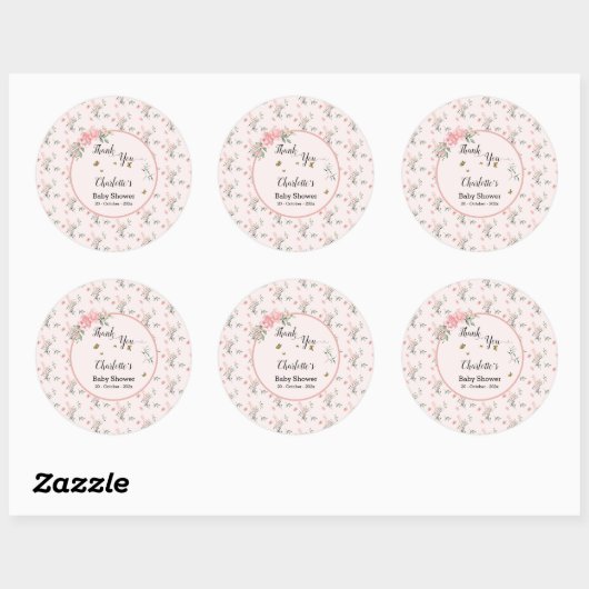 Elegante roze rozen met vlinders Baby shower Ronde Sticker (Vel)