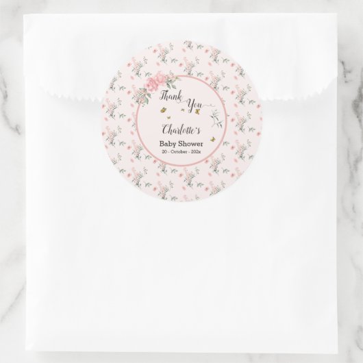 Elegante roze rozen met vlinders Baby shower Ronde Sticker (Tas)