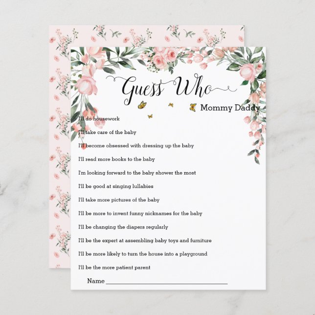 Elegante roze rozen met vlinders Guess Who Game (Voorkant / Achterkant)