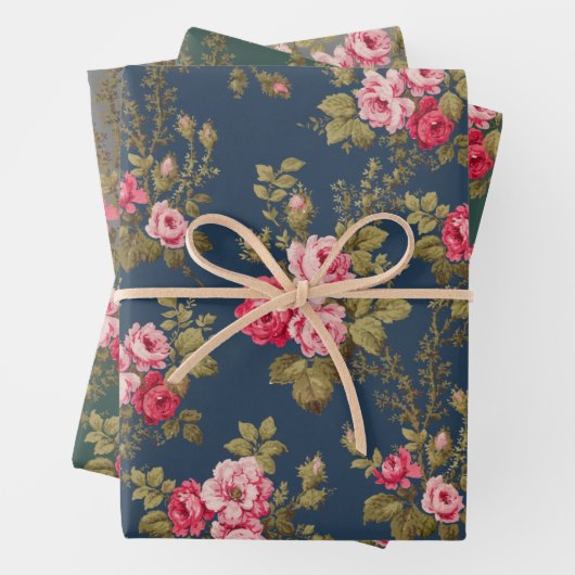 Elegante roze  Rozen op blauw/groen/grijs Inpakpapier Vel (In situ)