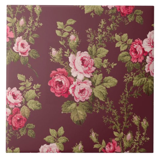 Elegante Roze Rozen op Maroon Achtergrond Tegeltje (Voorkant)
