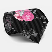 Elegante roze rozen op zwart strepen patroon stropdas (Opgerold)