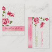Elegante roze rozen pluche witte damast visitekaartje (Voorkant / Achterkant)