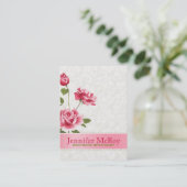 Elegante roze rozen pluche witte damast visitekaartje (Staand voorkant)