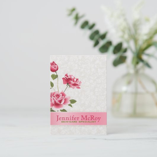 Elegante roze rozen pluche witte damast visitekaartje (Staand voorkant)