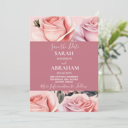 Elegante roze rozen redden de datum kaart (Staand voorkant)