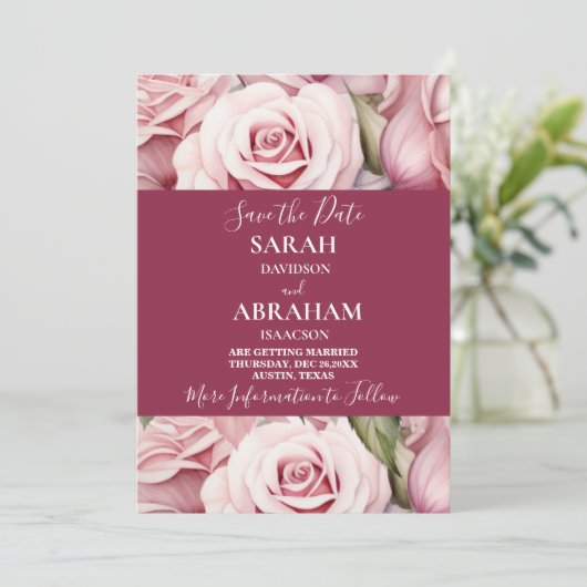 Elegante roze rozen redden de datum kaart (Staand voorkant)