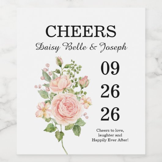 Elegante Roze Rozen Tuin Bruiloft Wijn Etiket (Enkel label)