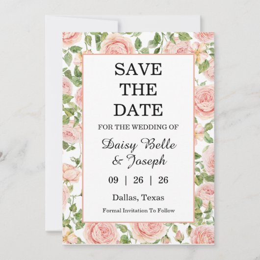 Elegante Roze Rozen Tuin  Save The Date (Voorkant)