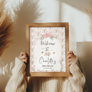 Elegante Roze Rozen & Vlinder Baby Shower Welkom Poster