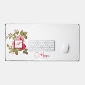 Elegante Roze Rozen w/Monogram-Witte Achtergrond Bureaumat (Keyboard & Muis)