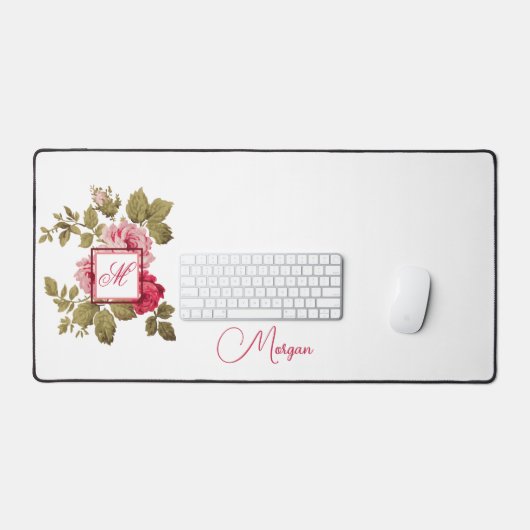 Elegante Roze Rozen w/Monogram-Witte Achtergrond Bureaumat (Keyboard & Muis)