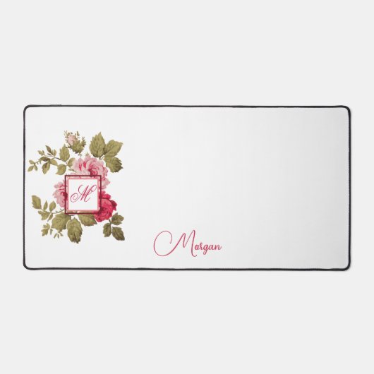 Elegante Roze Rozen w/Monogram-Witte Achtergrond Bureaumat (Voorkant)