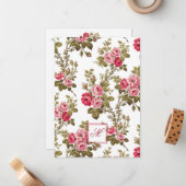 Elegante Roze Rozen w/Monogram-Witte Achtergrond Notitiekaartje (Voorkant / Achterkant in situ)