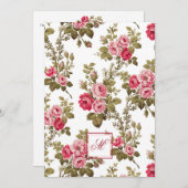 Elegante Roze Rozen w/Monogram-Witte Achtergrond Notitiekaartje (Voorkant / Achterkant)