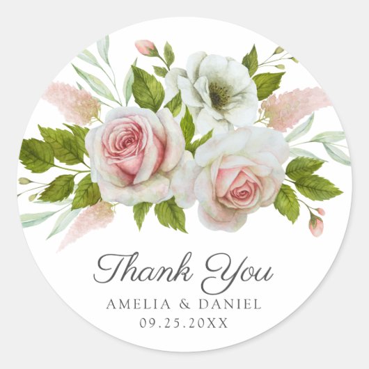 Elegante roze rozen Waterverf bloemenbruiloft Ronde Sticker (Voorkant)
