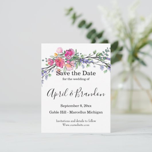Elegante roze rozen waterverf lavendel boho save the date (Staand voorkant)