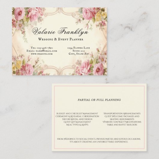 Elegante Roze Rozen Wedding Event Planner Visitekaartje (Voorkant / Achterkant)