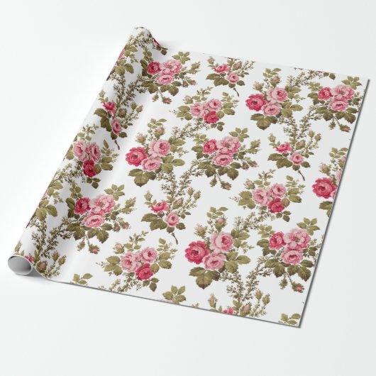 Elegante  Roze Rozen-witte achtergrond Cadeaupapier (Uitgerold)