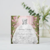 Elegante Roze Rozen Witte Quinceanera Uitnodiginge Kaart (Staand voorkant)