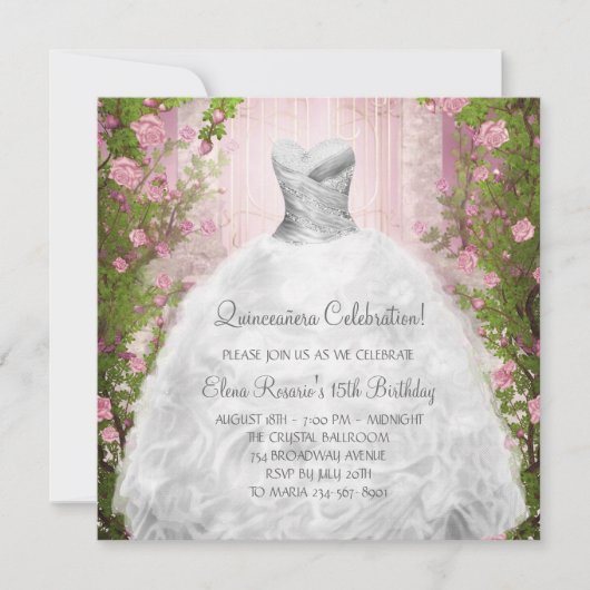 Elegante Roze Rozen Witte Quinceanera Uitnodiginge Kaart (Voorkant)