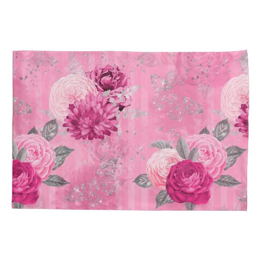 Elegante roze rozen zilveren glitter vlinder kussensloop (Achterkant)