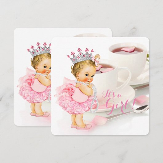 Elegante roze rozenblaadje Tea Cup Baby shower Tea Kaart (Voorkant / Achterkant)