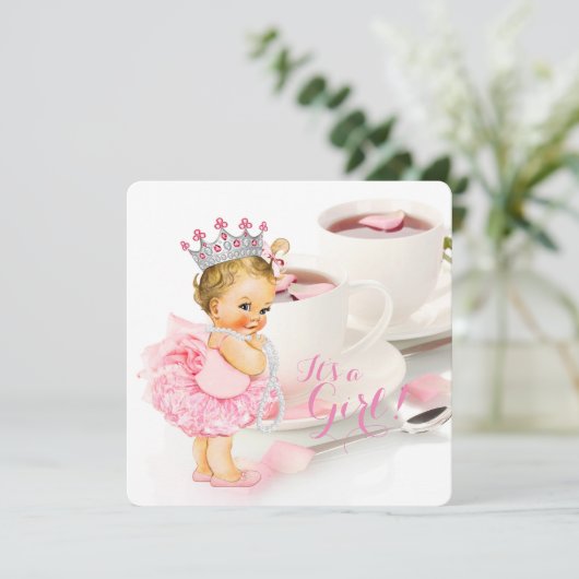 Elegante roze rozenblaadje Tea Cup Baby shower Tea Kaart (Staand voorkant)