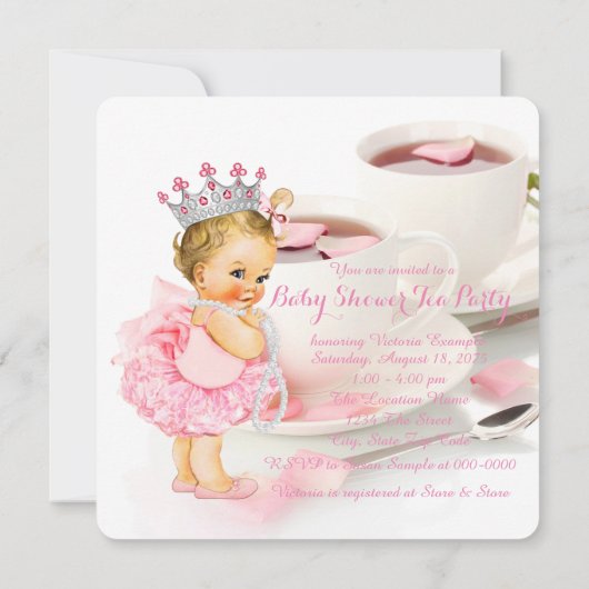 Elegante roze rozenblaadje Tea Cup Baby shower Tea Kaart (Achterkant)