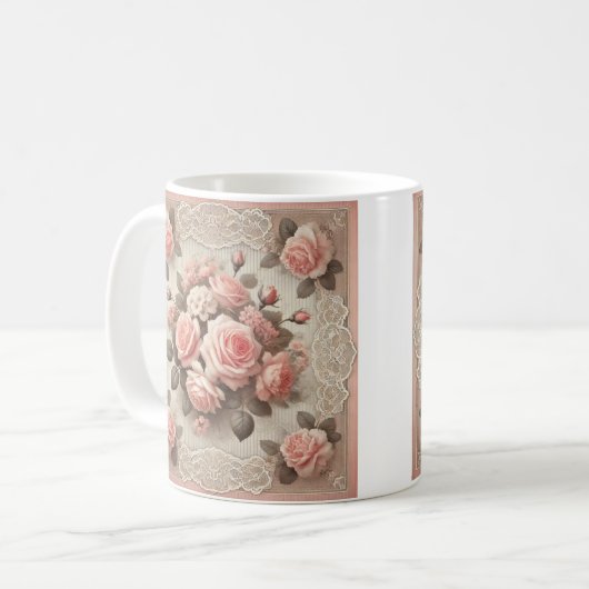 Elegante Roze Rozenbloem met Kant Koffiemok (Voorkant links)