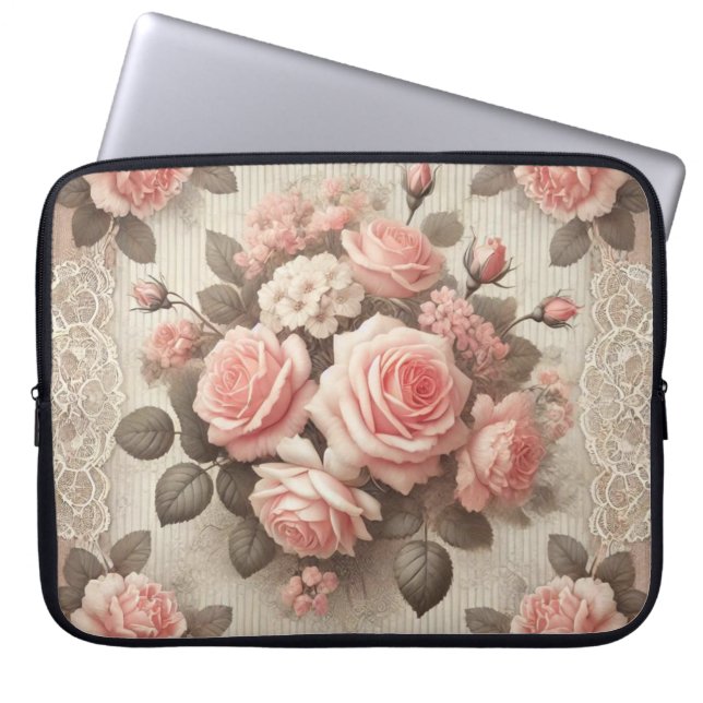 Elegante  Roze Rozenbloem met Kant Laptop Sleeve (Voorkant)