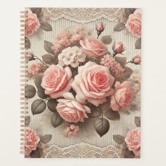 Elegante  Roze Rozenbloem met Kant Planner (Voorkant)