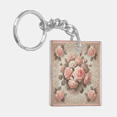 Elegante  Roze Rozenbloem met Kant Sleutelhanger (Voorkant Links)