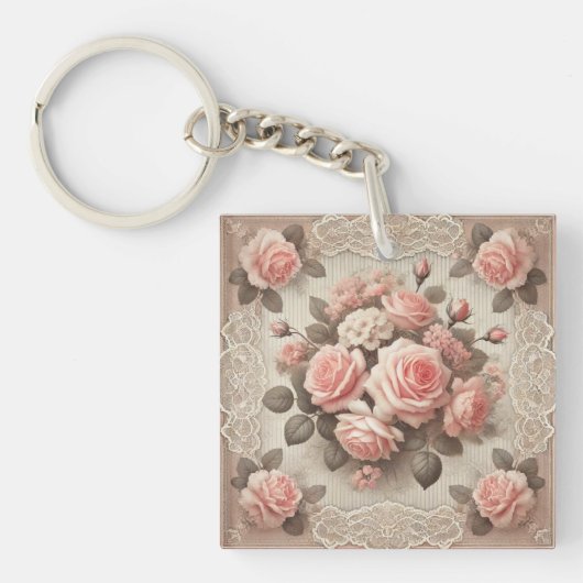 Elegante  Roze Rozenbloem met Kant Sleutelhanger (Voorkant)