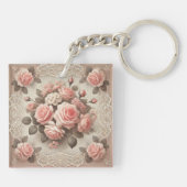 Elegante  Roze Rozenbloem met Kant Sleutelhanger (Achterkant)
