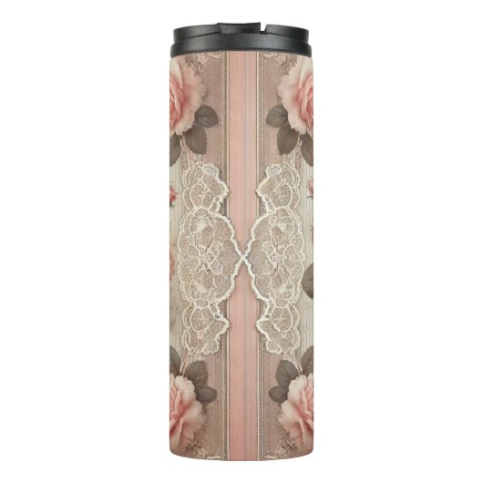 Elegante  Roze Rozenbloem met Kant Thermosbeker (Achterkant)