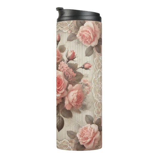 Elegante  Roze Rozenbloem met Kant Thermosbeker (Geroteerd rechts)