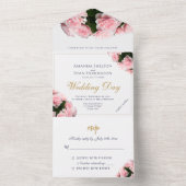 Elegante roze rozenbloemen bloemenbruiloft all in one uitnodiging (Binnen)