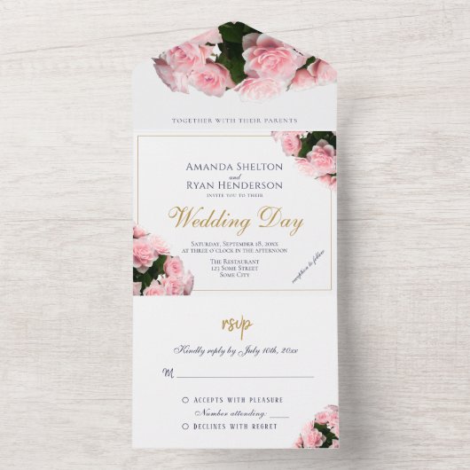 Elegante roze rozenbloemen bloemenbruiloft all in one uitnodiging (Binnen)