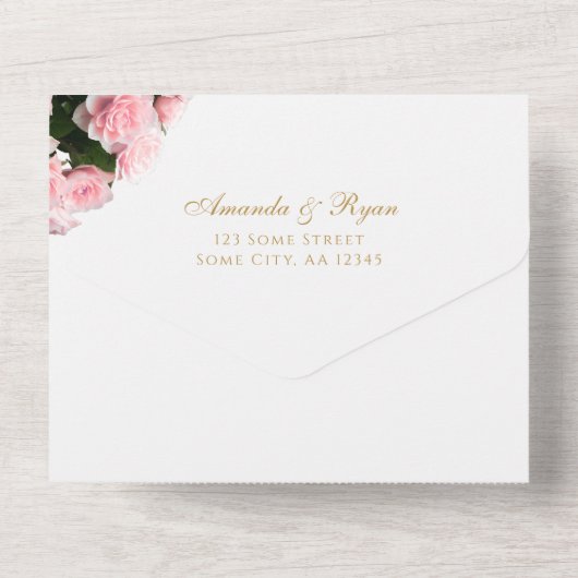 Elegante roze rozenbloemen bloemenbruiloft all in one uitnodiging (Achterkant)
