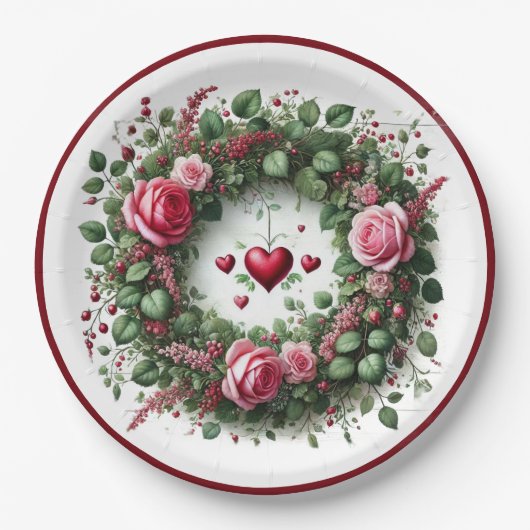 Elegante Roze Rozenkrans Rode Harten Papieren Bord (Voorkant)