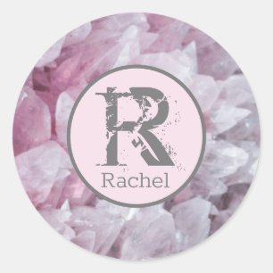 Elegante Roze Rozenkwarts Naam Monogram Sjabloon Ronde Sticker