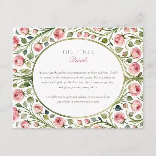 Elegante roze rozentuin bruiloft details behuizing informatiekaartje (Voorkant)