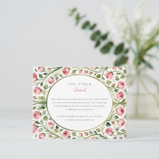 Elegante roze rozentuin bruiloft details behuizing informatiekaartje (Staand voorkant)